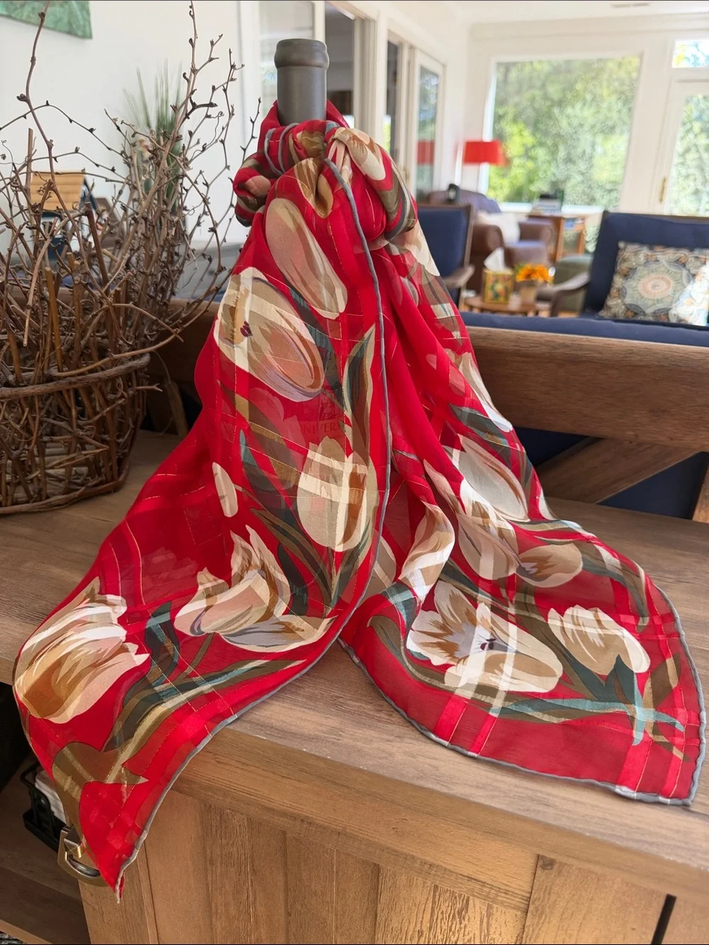 Vintage Yukiko Hanai Red Tulip Silk Scarf